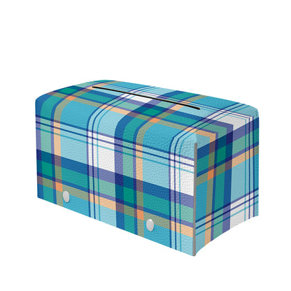 Blue Madras Pattern Print Leather Tissue Box Cover