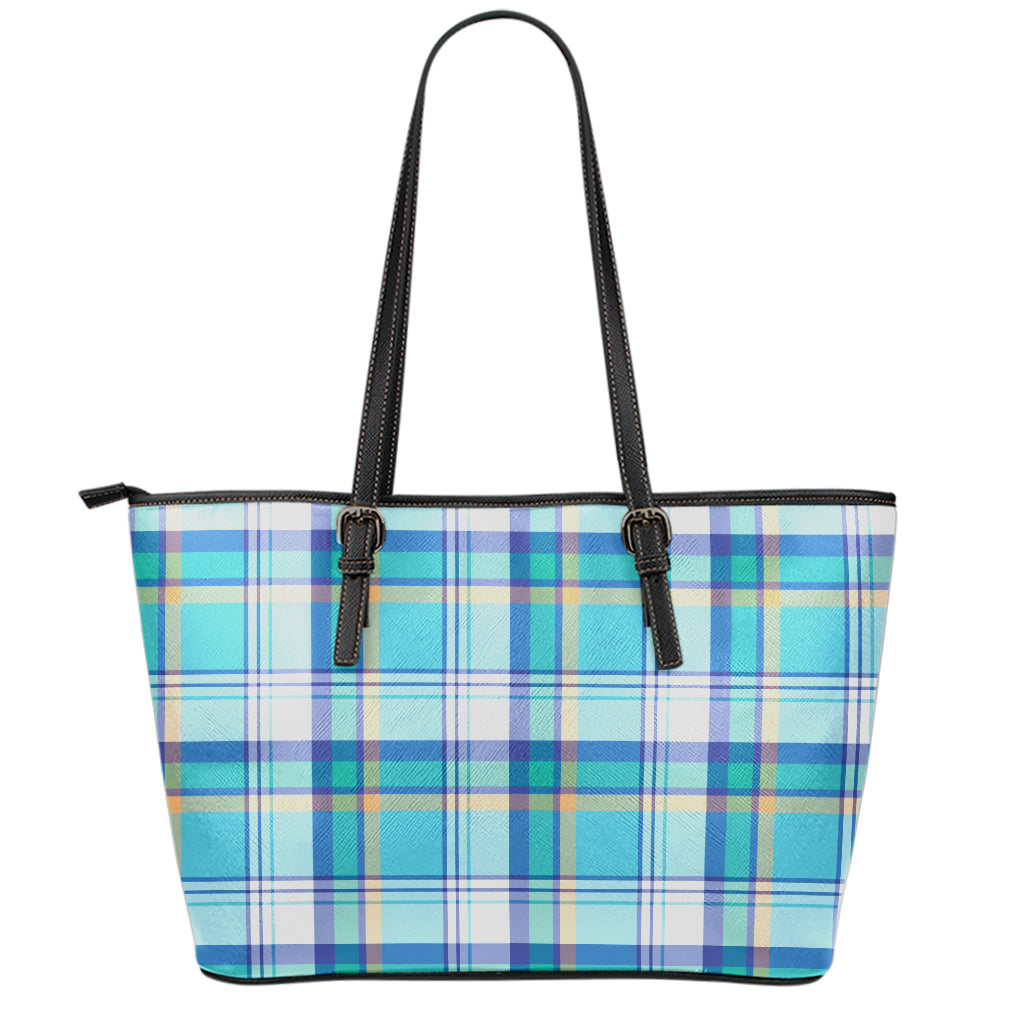 Blue Madras Pattern Print Leather Tote Bag