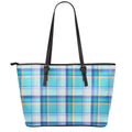 Blue Madras Pattern Print Leather Tote Bag With Zipper