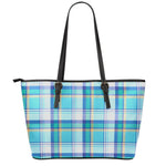 Blue Madras Pattern Print Leather Tote Bag