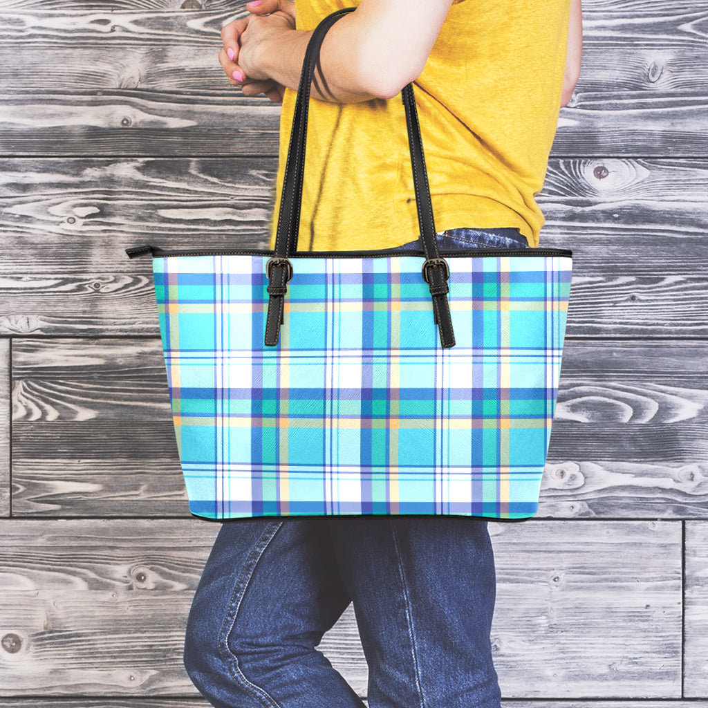 Blue Madras Pattern Print Leather Tote Bag