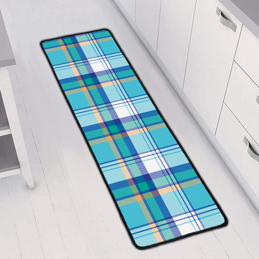 Blue Madras Pattern Print Long Kitchen Mat