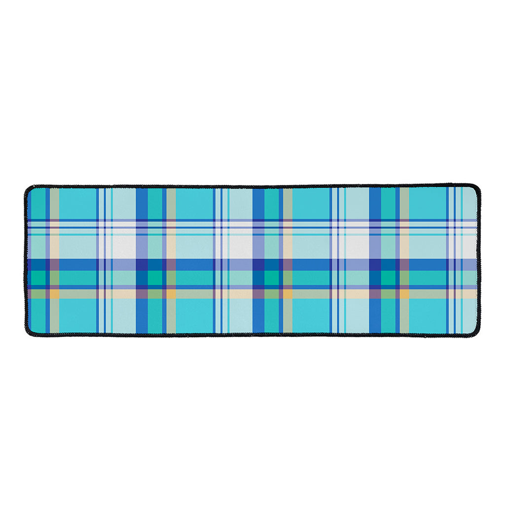 Blue Madras Pattern Print Long Kitchen Mat