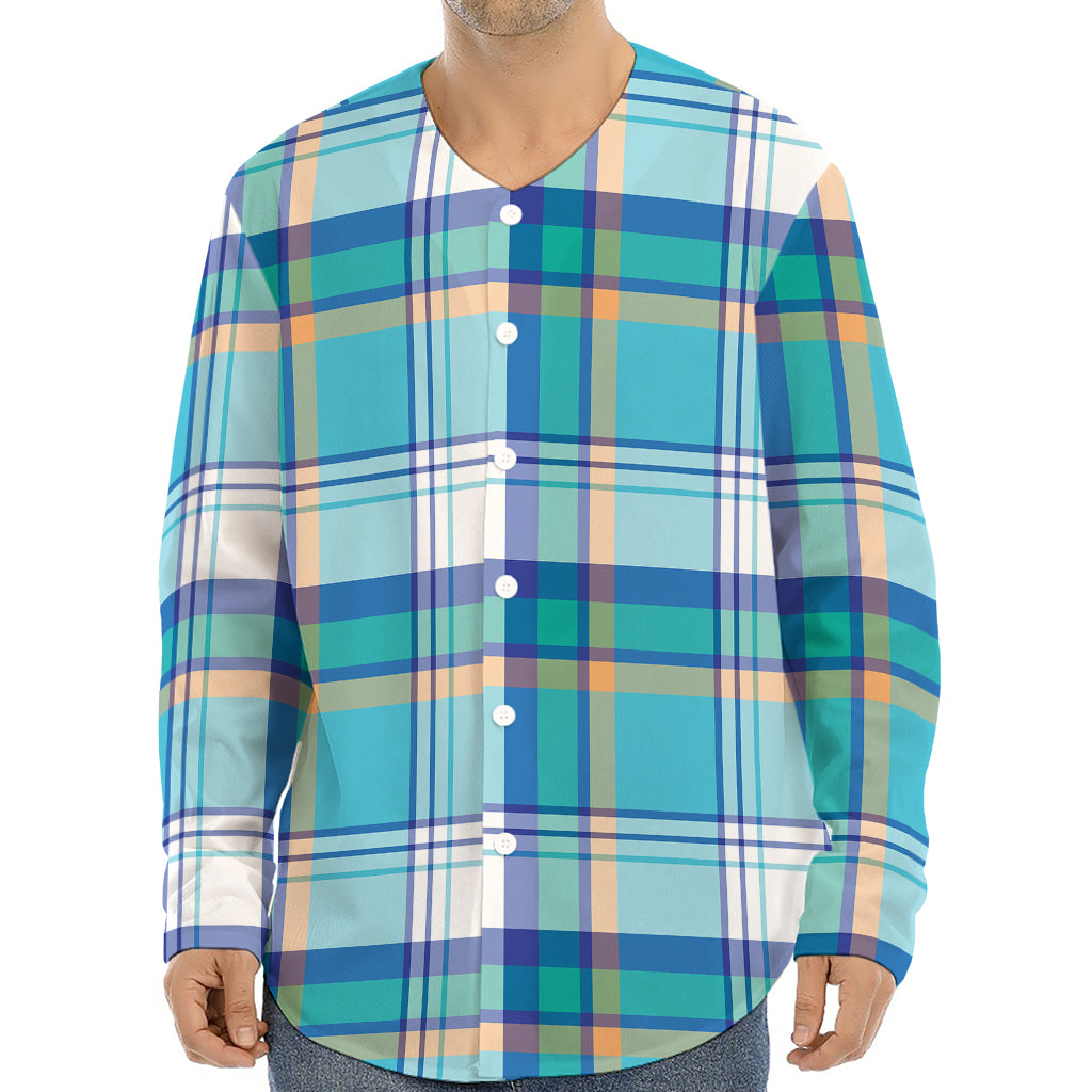 Blue Madras Pattern Print Long Sleeve Baseball Jersey