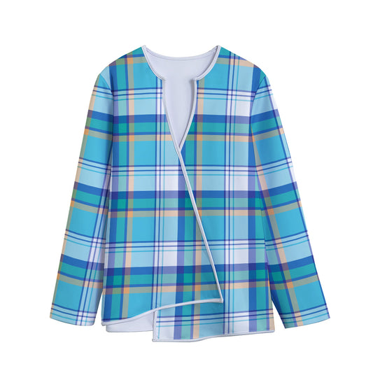 Blue Madras Pattern Print Long Sleeve Short Coat