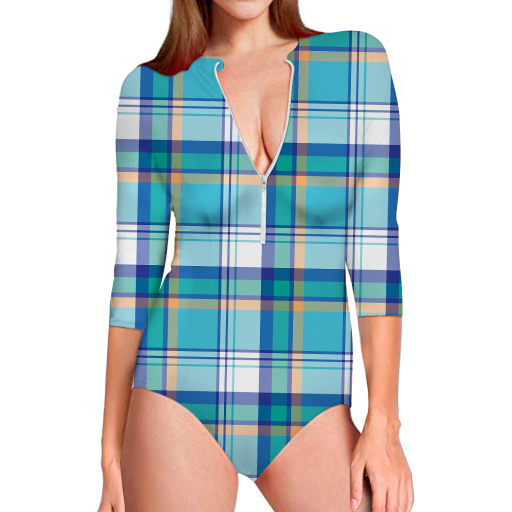 Blue Madras Pattern Print Long Sleeve Swimsuit