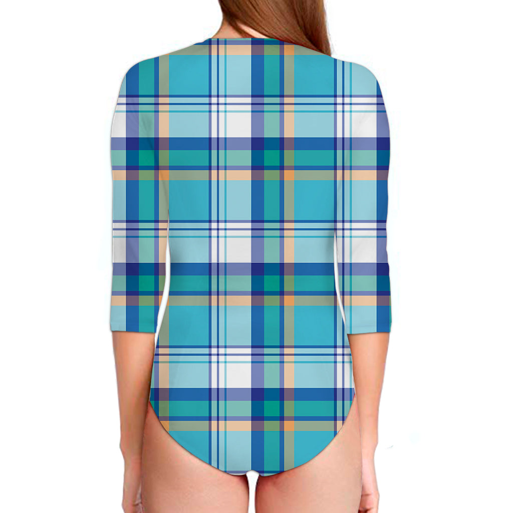 Blue Madras Pattern Print Long Sleeve Swimsuit