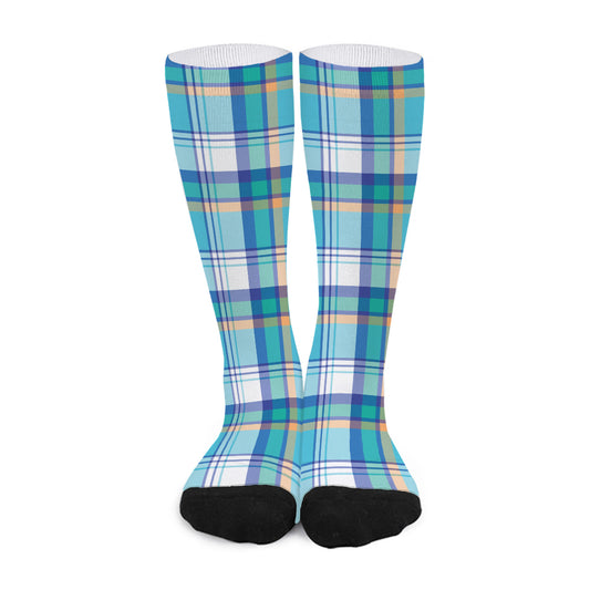 Blue Madras Pattern Print Long Socks