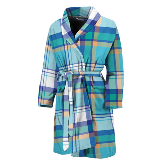 Blue Madras Pattern Print Men's Bathrobe