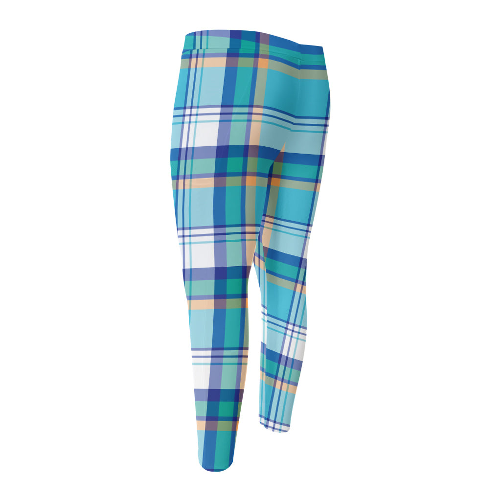 Blue Madras Pattern Print Men's Compression Pants