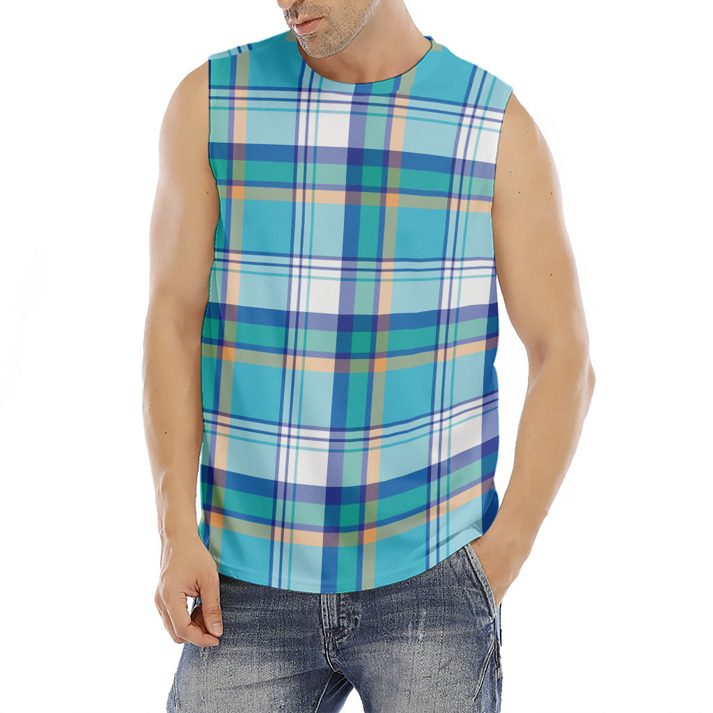 Blue Madras Pattern Print Men's Fitness Tank Top