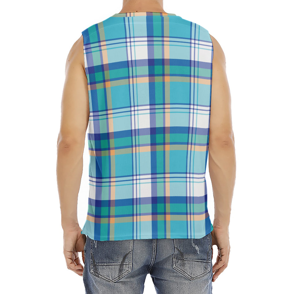 Blue Madras Pattern Print Men's Fitness Tank Top