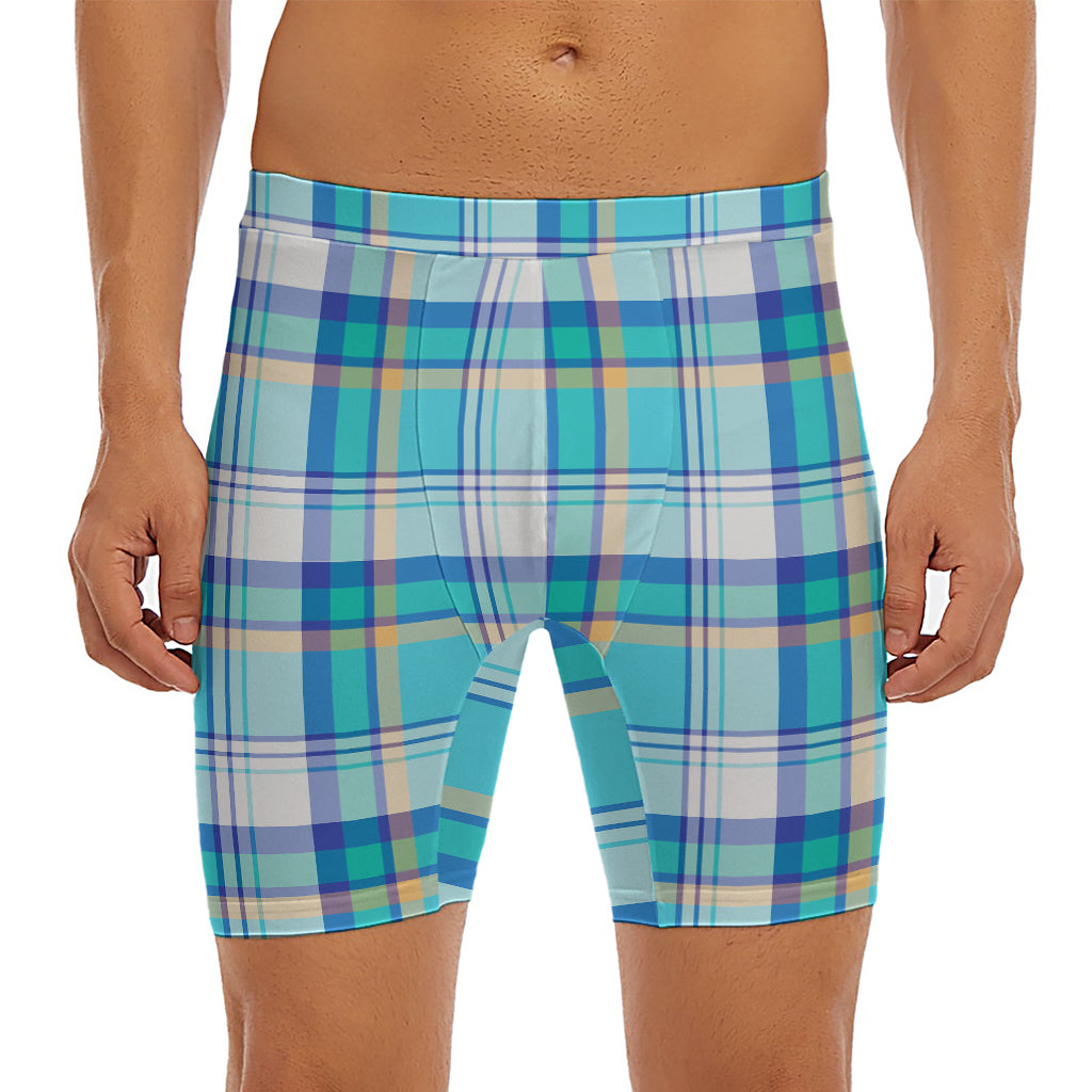Blue Madras Pattern Print Men's Long Boxer Briefs