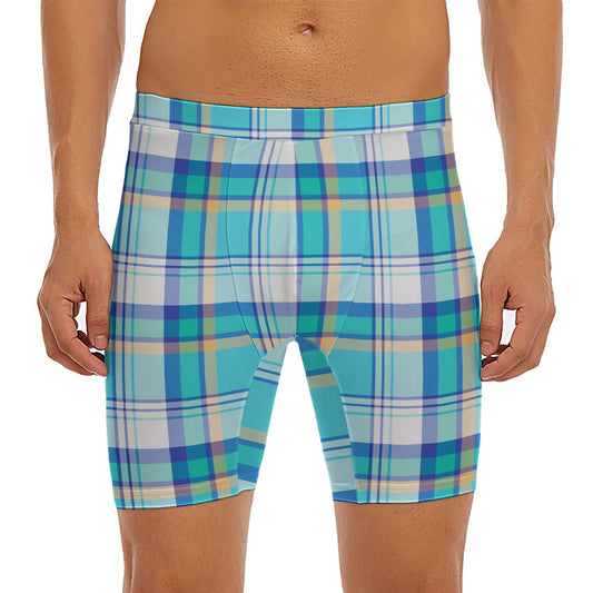 Blue Madras Pattern Print Men's Long Boxer Briefs