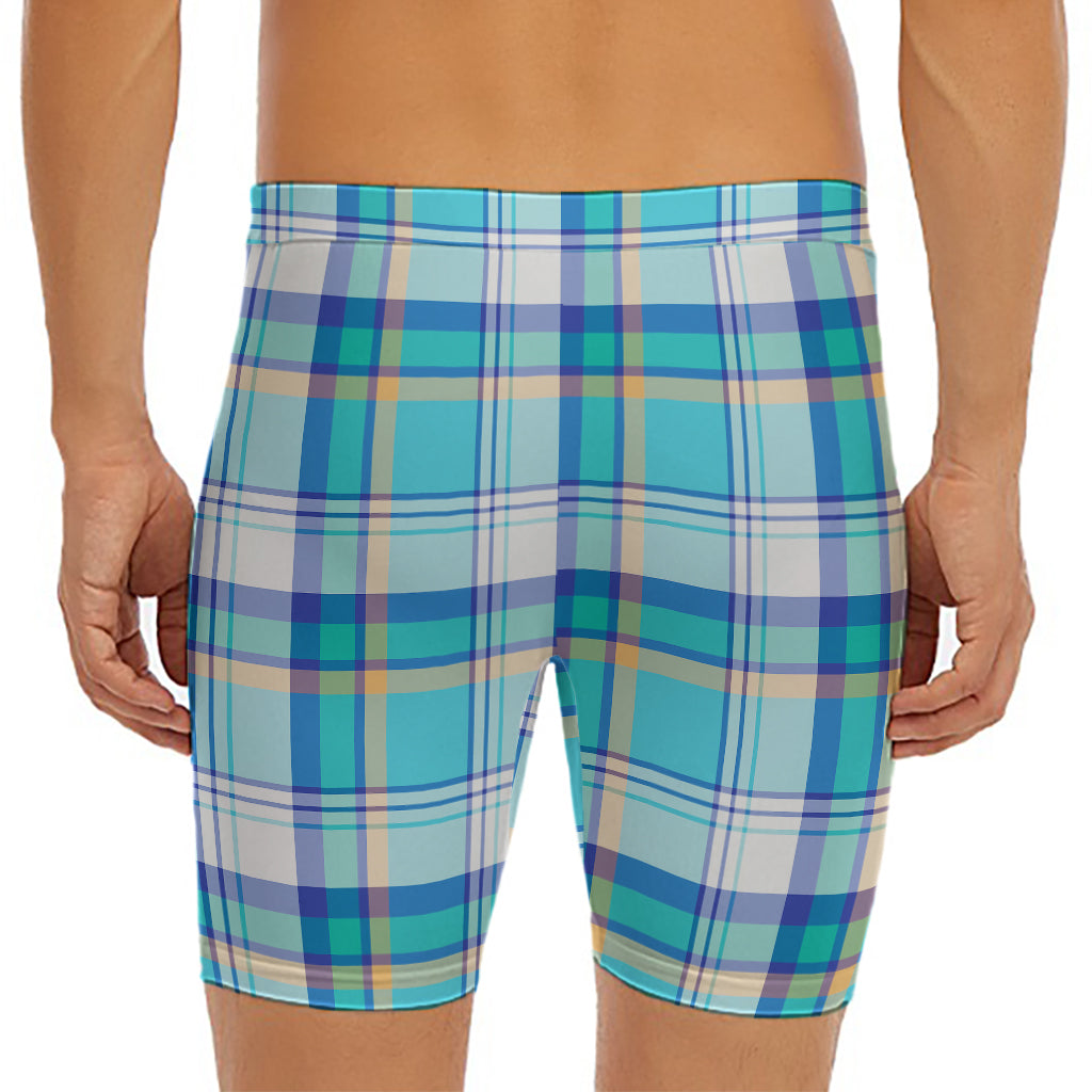 Blue Madras Pattern Print Men's Long Boxer Briefs