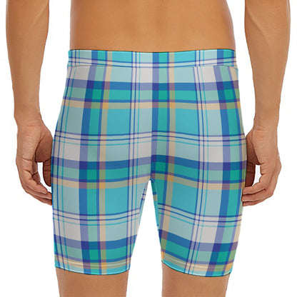 Blue Madras Pattern Print Men's Long Boxer Briefs