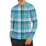 Blue Madras Pattern Print Men's Long Sleeve Rash Guard
