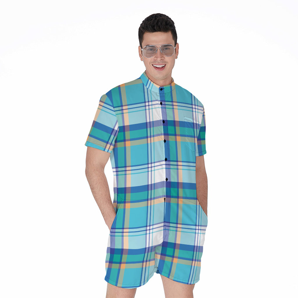 Blue Madras Pattern Print Men's Rompers