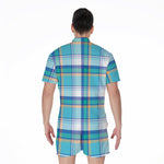Blue Madras Pattern Print Men's Rompers