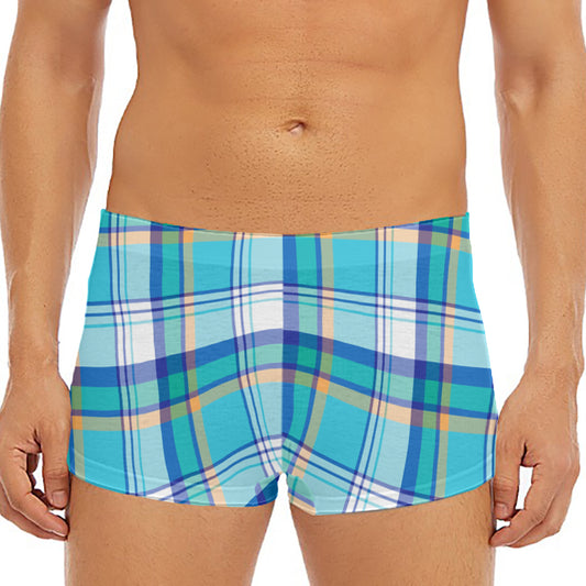 Blue Madras Pattern Print Men's Short Boxer Briefs