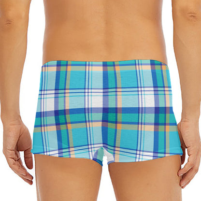 Blue Madras Pattern Print Men's Short Boxer Briefs