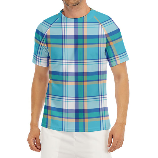 Blue Madras Pattern Print Men's Short Sleeve Rash Guard
