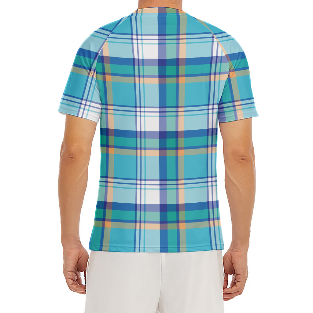 Blue Madras Pattern Print Men's Short Sleeve Rash Guard