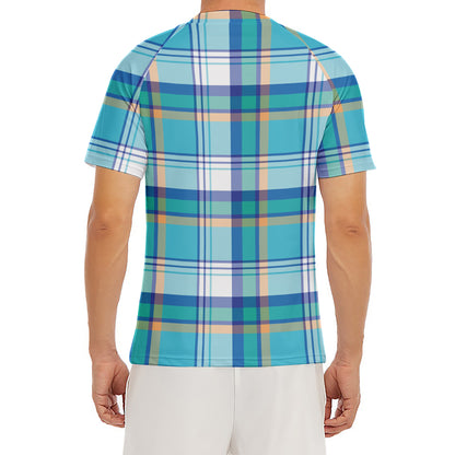 Blue Madras Pattern Print Men's Short Sleeve Rash Guard
