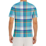 Blue Madras Pattern Print Men's Short Sleeve Rash Guard