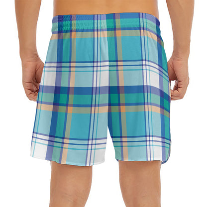 Blue Madras Pattern Print Men's Split Running Shorts