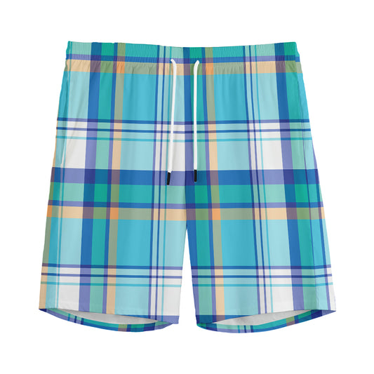 Blue Madras Pattern Print Men's Sports Shorts