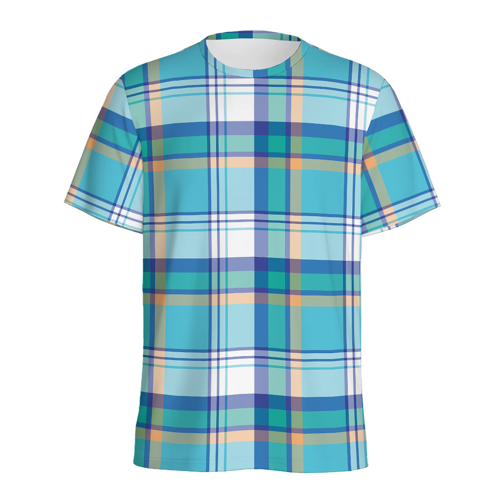 Blue Madras Pattern Print Men's Sports T-Shirt
