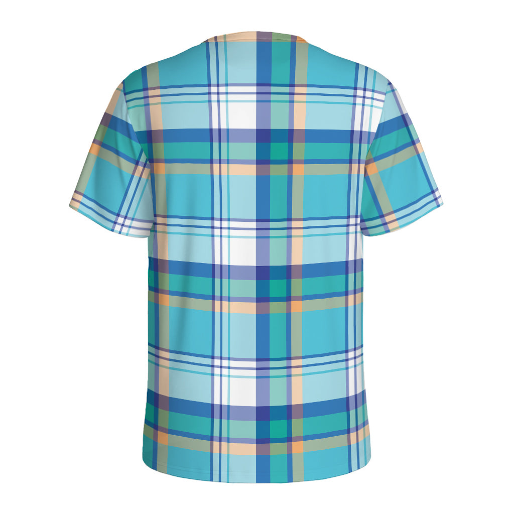 Blue Madras Pattern Print Men's Sports T-Shirt