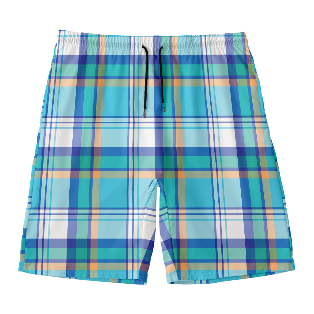 Blue Madras Pattern Print Men's Swim Trunks