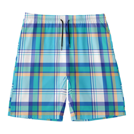 Blue Madras Pattern Print Men's Swim Trunks