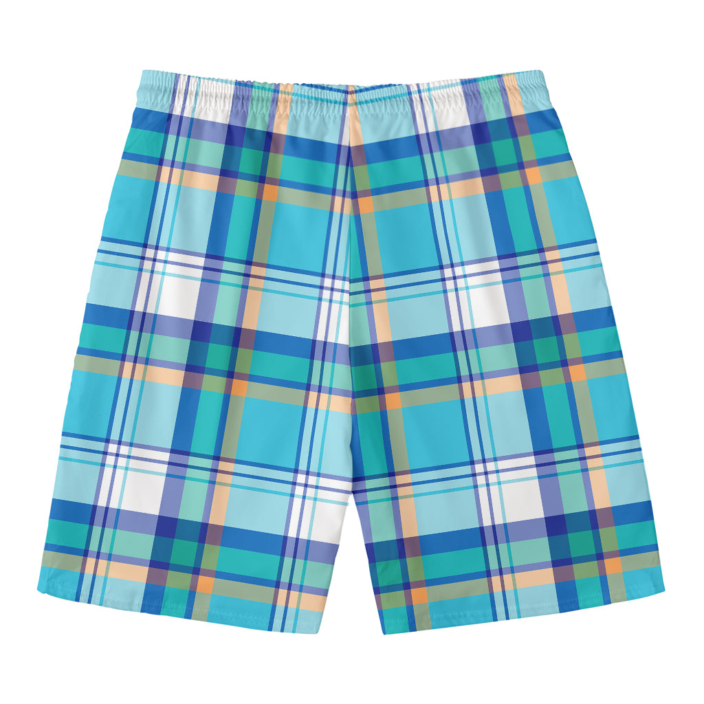 Blue Madras Pattern Print Men's Swim Trunks
