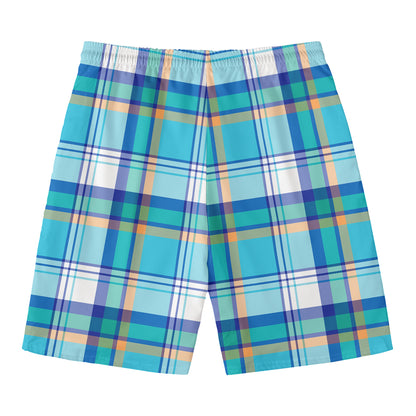 Blue Madras Pattern Print Men's Swim Trunks