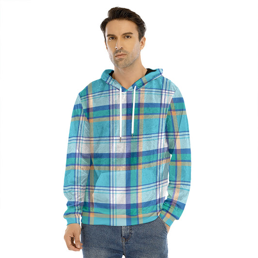 Blue Madras Pattern Print Men's Velvet Pullover Hoodie