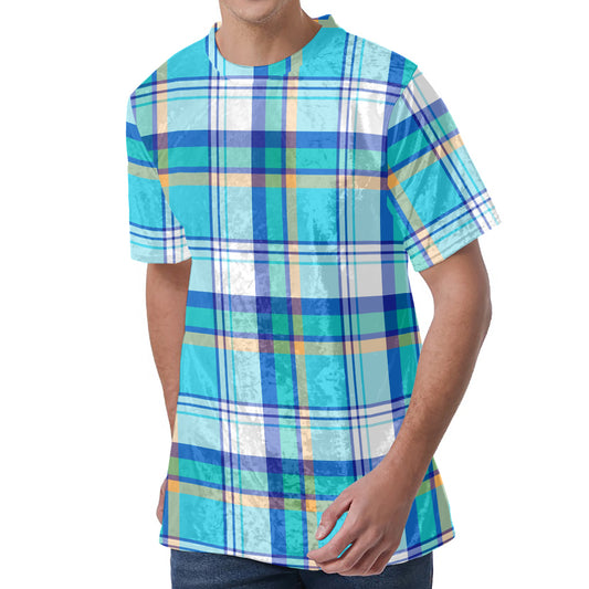 Blue Madras Pattern Print Men's Velvet T-Shirt