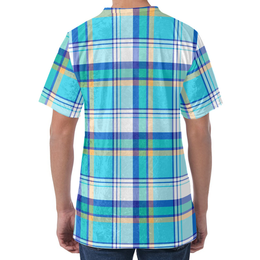 Blue Madras Pattern Print Men's Velvet T-Shirt