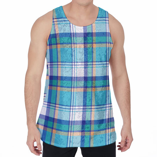 Blue Madras Pattern Print Men's Velvet Tank Top