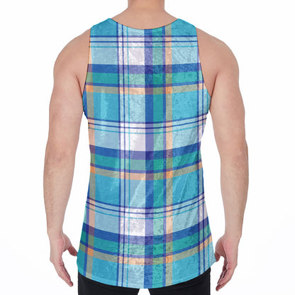 Blue Madras Pattern Print Men's Velvet Tank Top