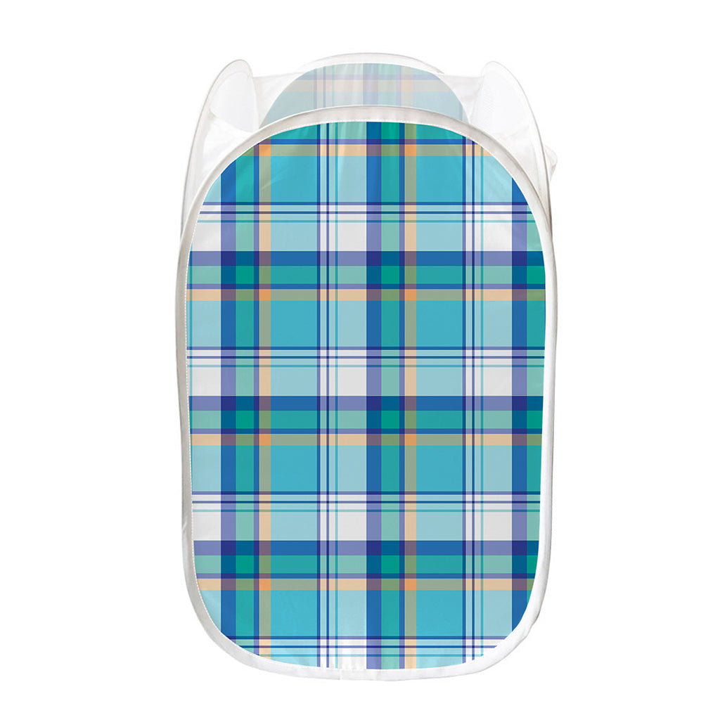 Blue Madras Pattern Print Mesh Laundry Hamper