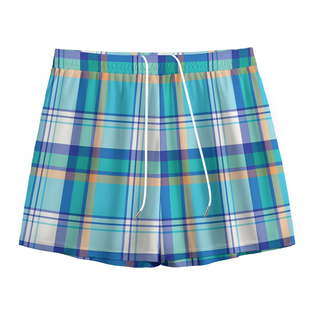 Blue Madras Pattern Print Mesh Shorts