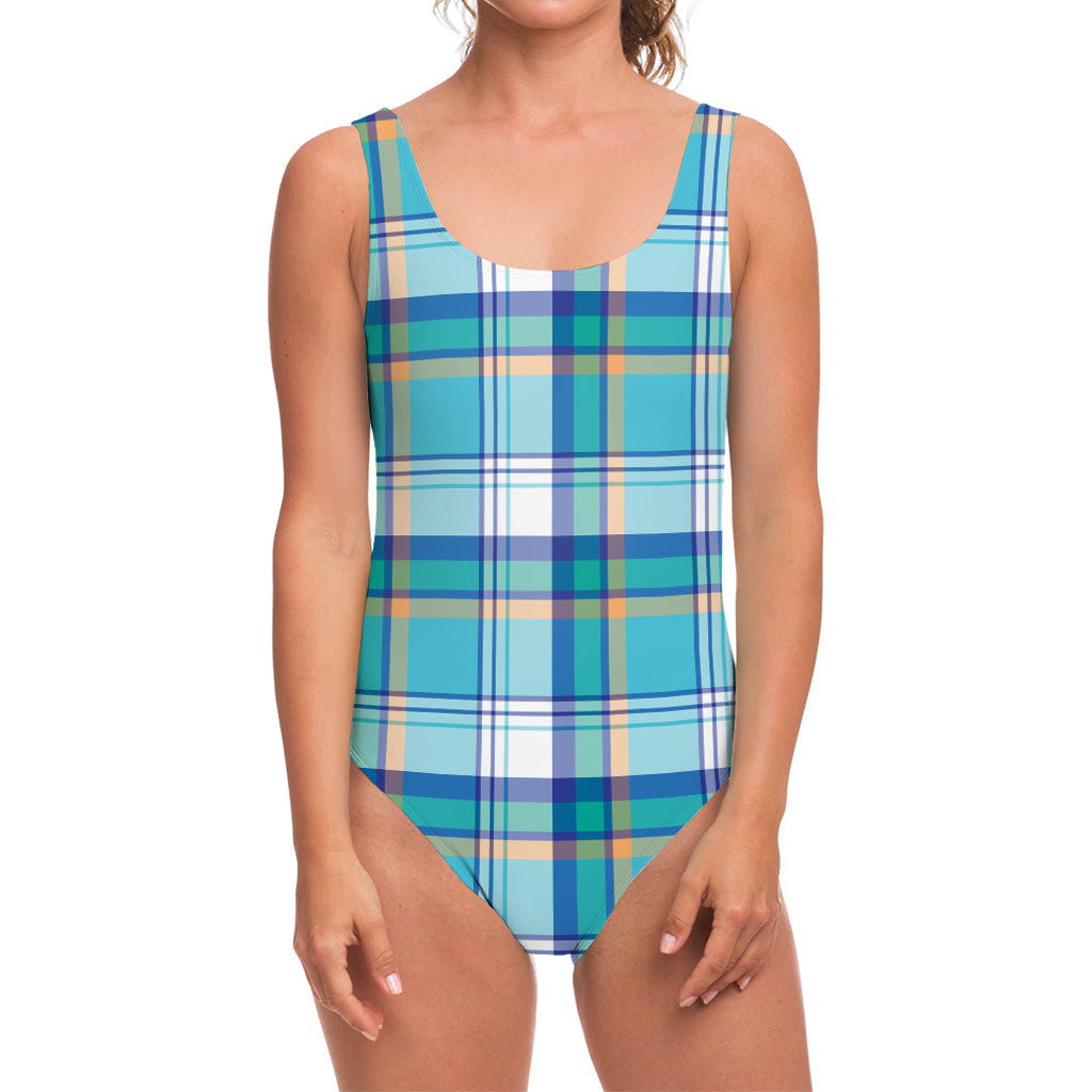 Blue Madras Pattern Print One Piece Swimsuit