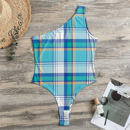 Blue Madras Pattern Print One Shoulder Bodysuit