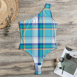 Blue Madras Pattern Print One Shoulder Bodysuit
