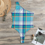 Blue Madras Pattern Print One Shoulder Bodysuit