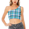 Blue Madras Pattern Print One Shoulder Crop Top