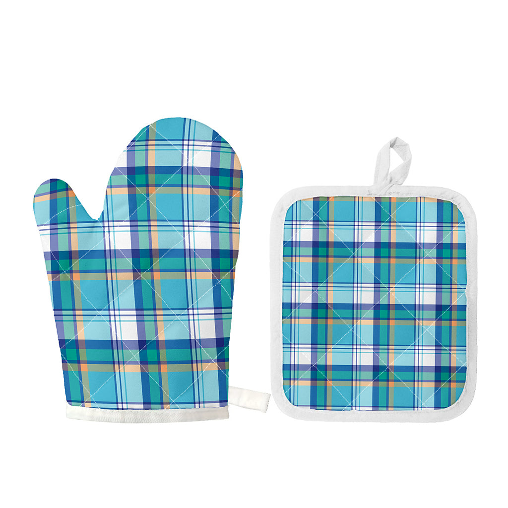 Blue Madras Pattern Print Oven Mitt And Pot Holder Set